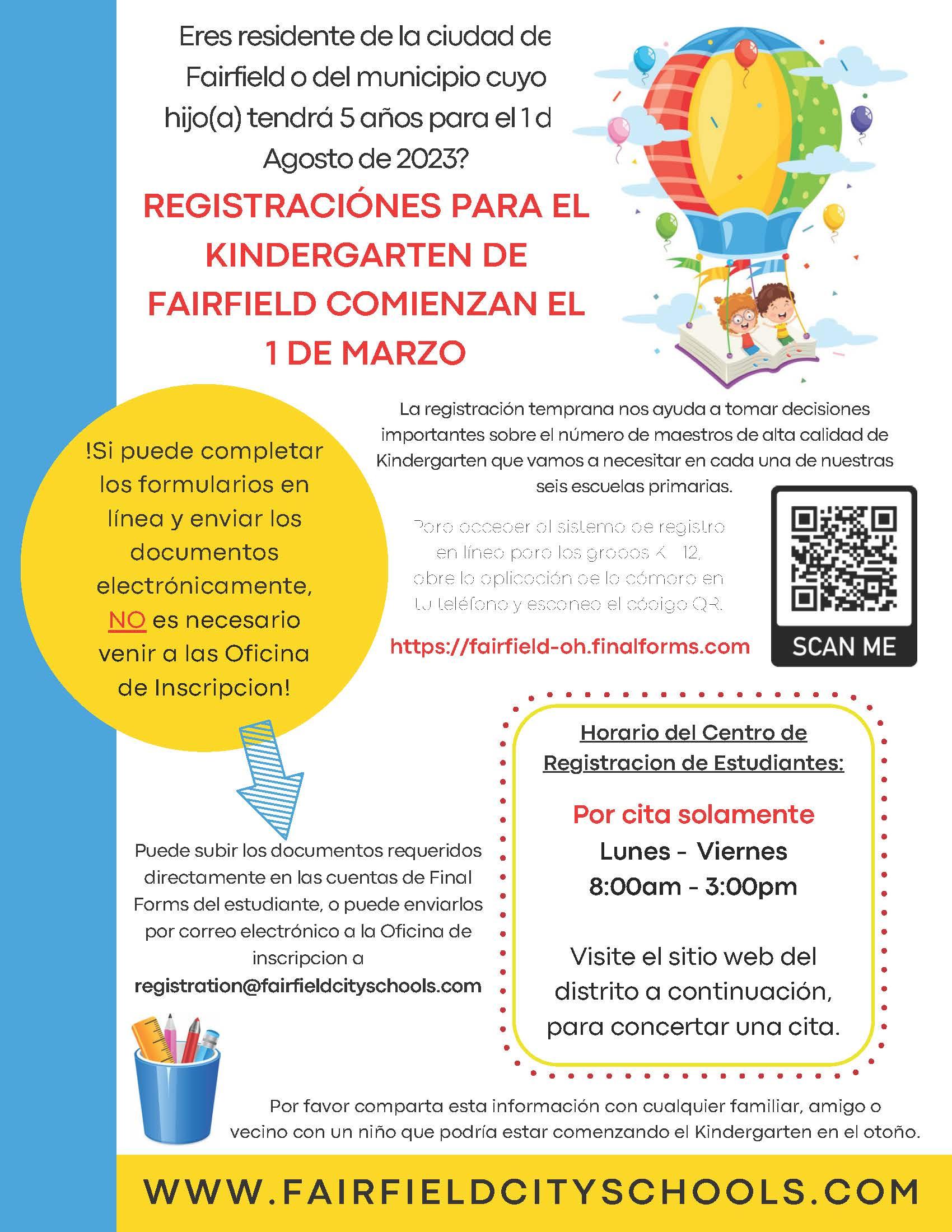 Kindergarten Registration flyer in Spanish