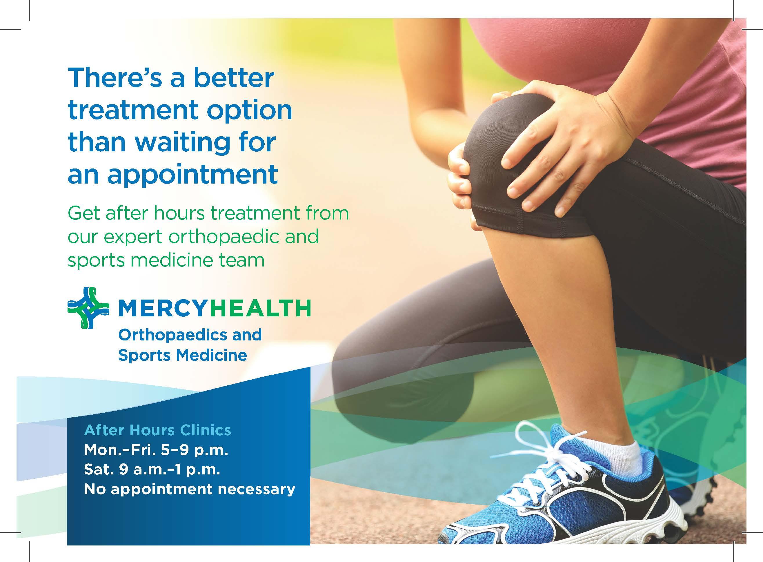 This is a flyer about the Mercy Health new orthopaedic and sports medicine after-hours clinic.