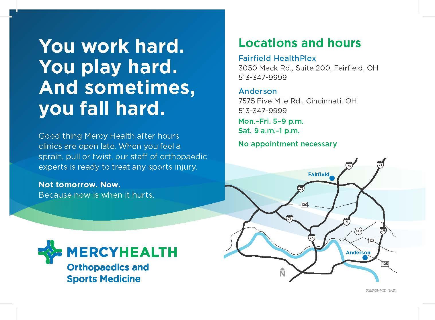 This is the flyer for Mercy Health's new orthopedic and sports medicine after hours clinic. 